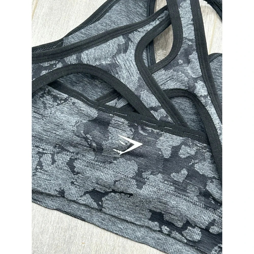 Gymshark Sports Bra Womens S? Black Gray Camo Strappy Back Medium Support‎ Gym